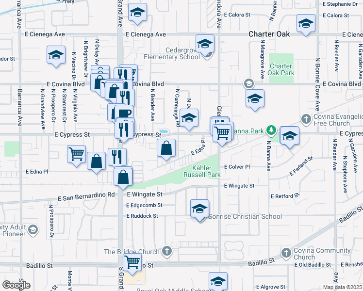 map of restaurants, bars, coffee shops, grocery stores, and more near 840 North Cummings Road in Covina