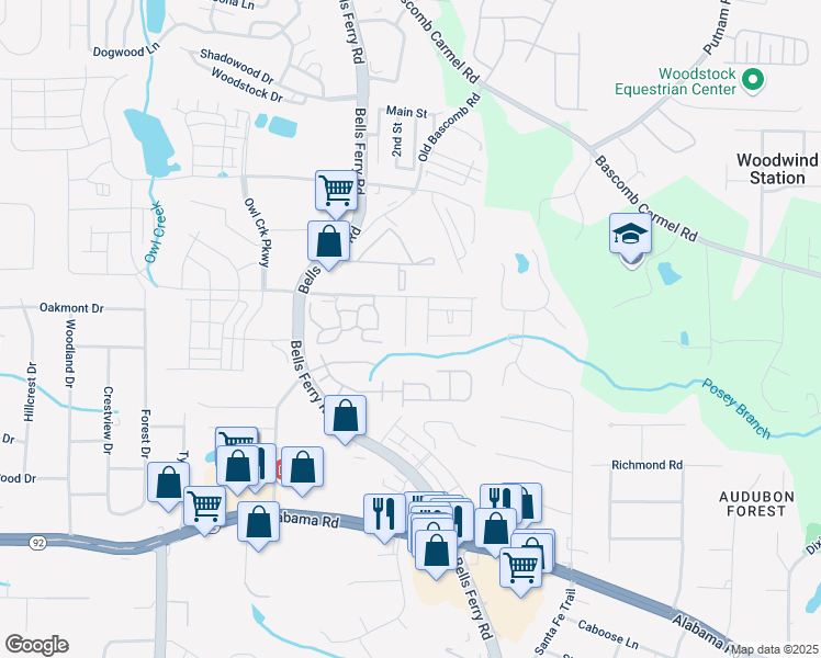 map of restaurants, bars, coffee shops, grocery stores, and more near 124 Red Barn Lane in Acworth