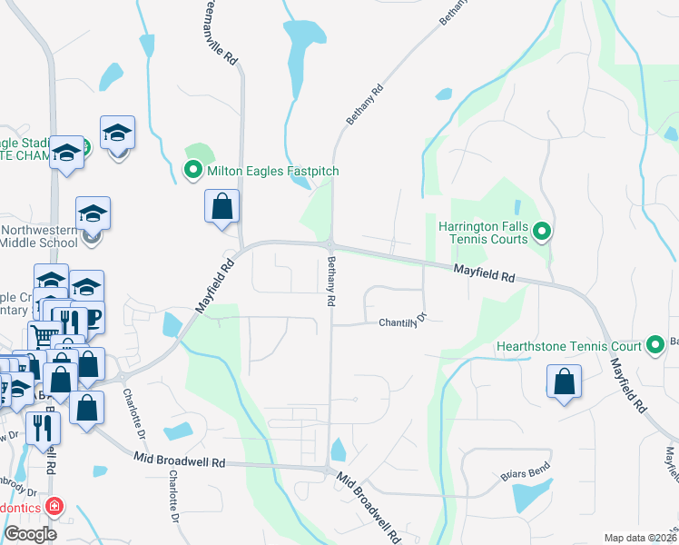 map of restaurants, bars, coffee shops, grocery stores, and more near 12815 Bethany Road in Alpharetta