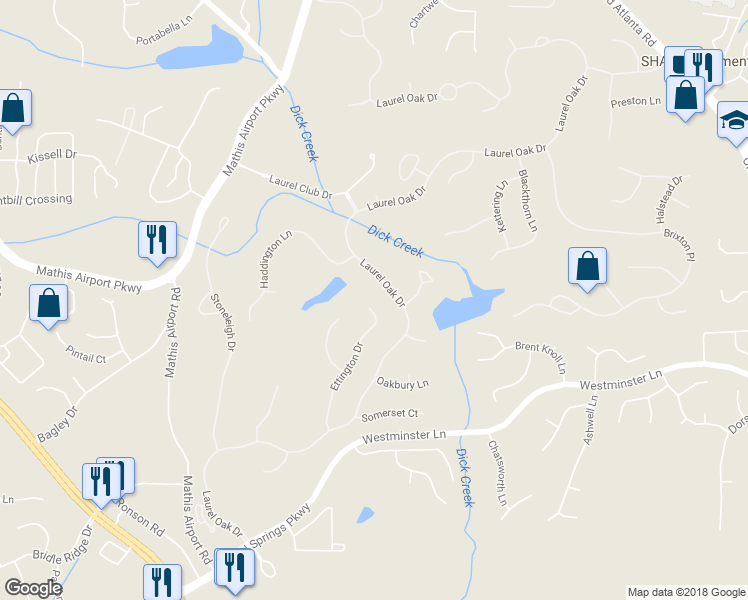 map of restaurants, bars, coffee shops, grocery stores, and more near 6020 Ettington Drive in Suwanee