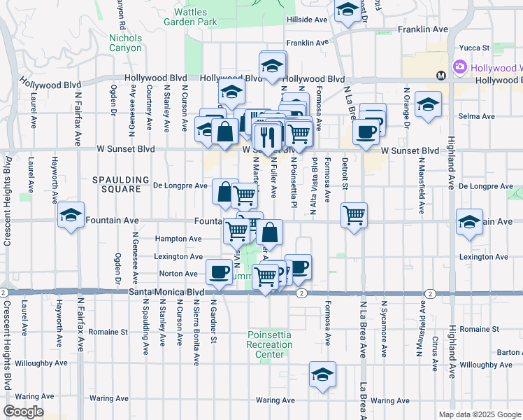 map of restaurants, bars, coffee shops, grocery stores, and more near 1323 North Fuller Avenue in Los Angeles