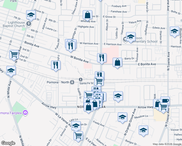 map of restaurants, bars, coffee shops, grocery stores, and more near 2707 North Garey Avenue in Pomona
