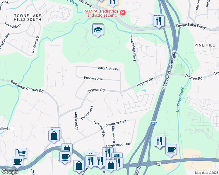map of restaurants, bars, coffee shops, grocery stores, and more near 1482 Dupree Road in Woodstock