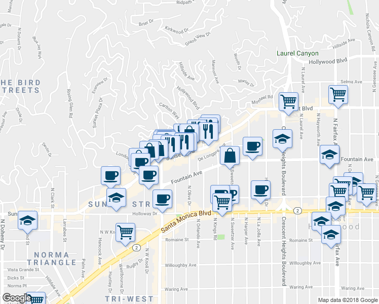 map of restaurants, bars, coffee shops, grocery stores, and more near Sunset Blvd & Olive Dr in West Hollywood