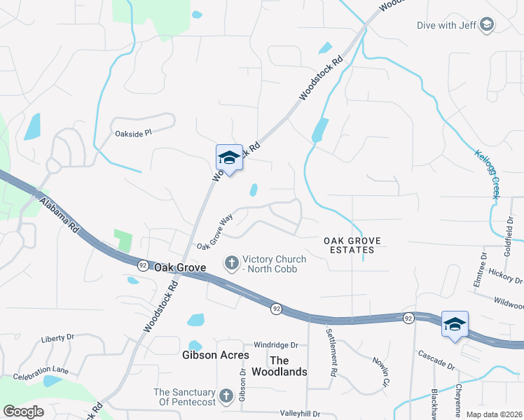 map of restaurants, bars, coffee shops, grocery stores, and more near 234 Oak Grove Way in Acworth