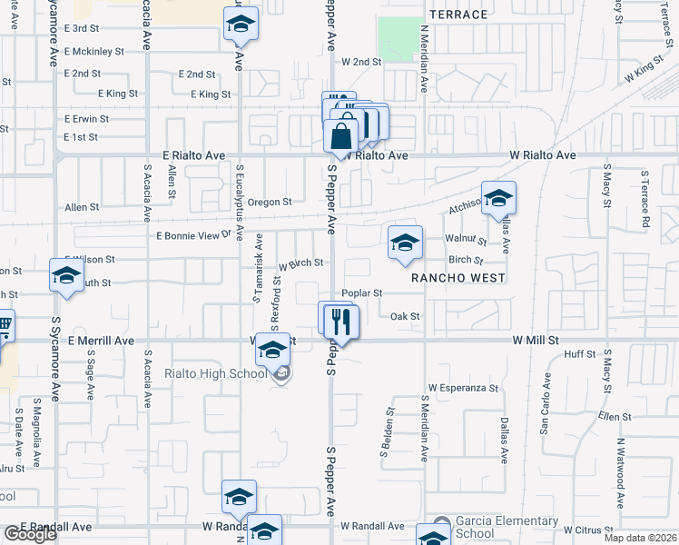 map of restaurants, bars, coffee shops, grocery stores, and more near 348 S Rosalind St in Rialto