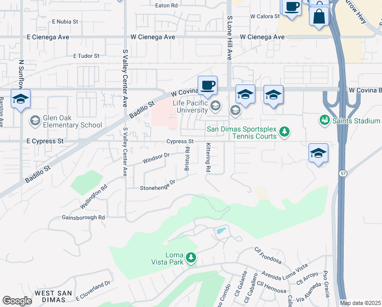 map of restaurants, bars, coffee shops, grocery stores, and more near 822 Bristol Rd in San Dimas