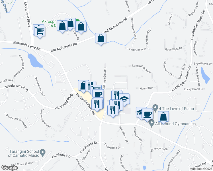 map of restaurants, bars, coffee shops, grocery stores, and more near 5065 Hastings Terrace in Alpharetta