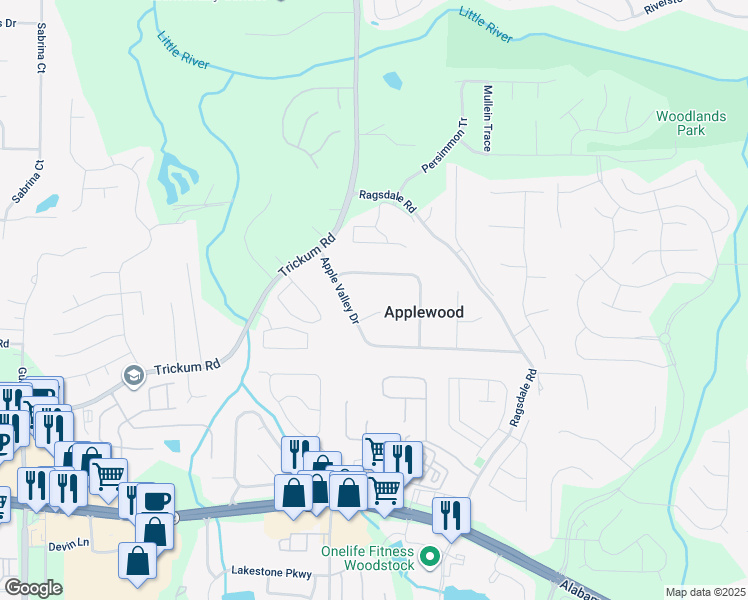 map of restaurants, bars, coffee shops, grocery stores, and more near 303 Apple Valley Court in Woodstock