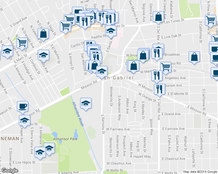 map of restaurants, bars, coffee shops, grocery stores, and more near 539 Montecito Drive in San Gabriel