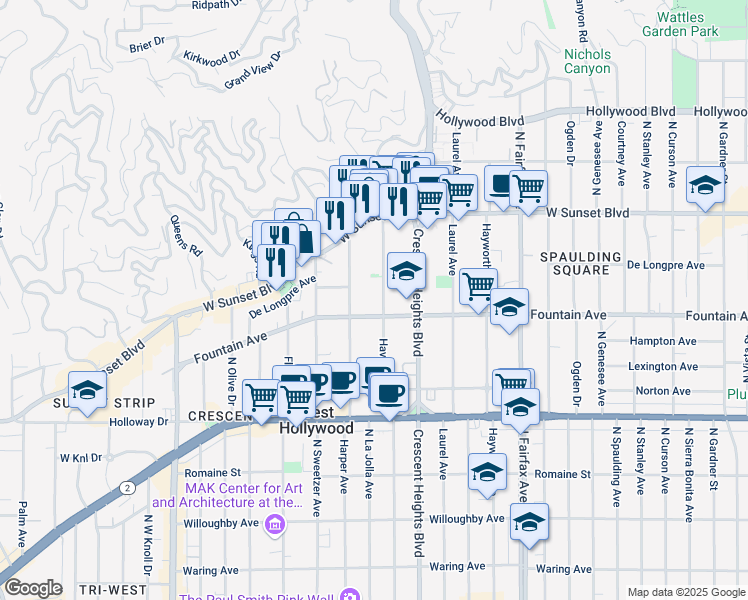 map of restaurants, bars, coffee shops, grocery stores, and more near 1319 Havenhurst Drive in West Hollywood
