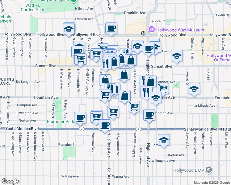 map of restaurants, bars, coffee shops, grocery stores, and more near in Los Angeles