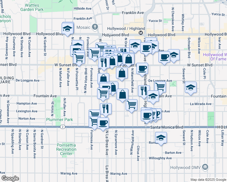 map of restaurants, bars, coffee shops, grocery stores, and more near 1320 North Sycamore Avenue in Los Angeles