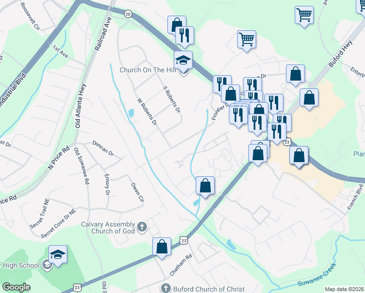 map of restaurants, bars, coffee shops, grocery stores, and more near 1321 Frontier Drive in Buford