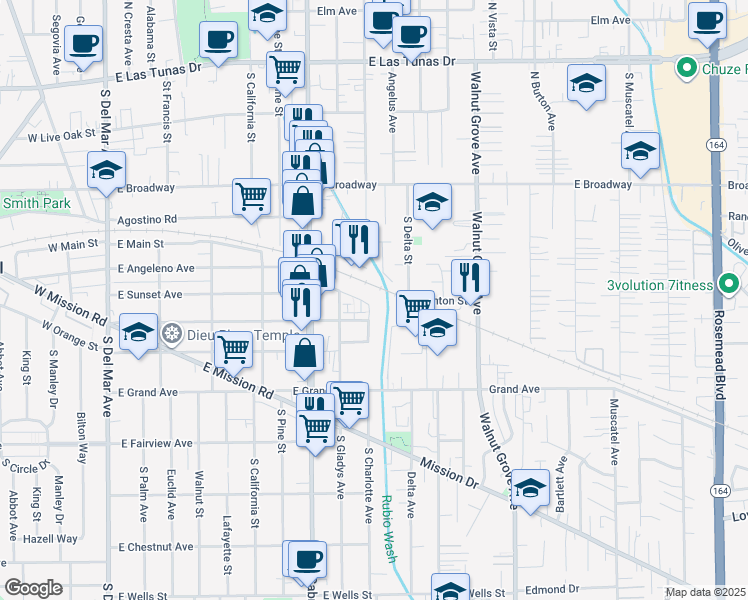 map of restaurants, bars, coffee shops, grocery stores, and more near 865 Santa Fe Avenue in San Gabriel