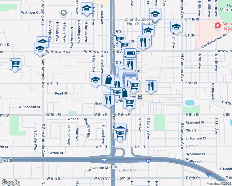 map of restaurants, bars, coffee shops, grocery stores, and more near 100 North Euclid Avenue in Upland