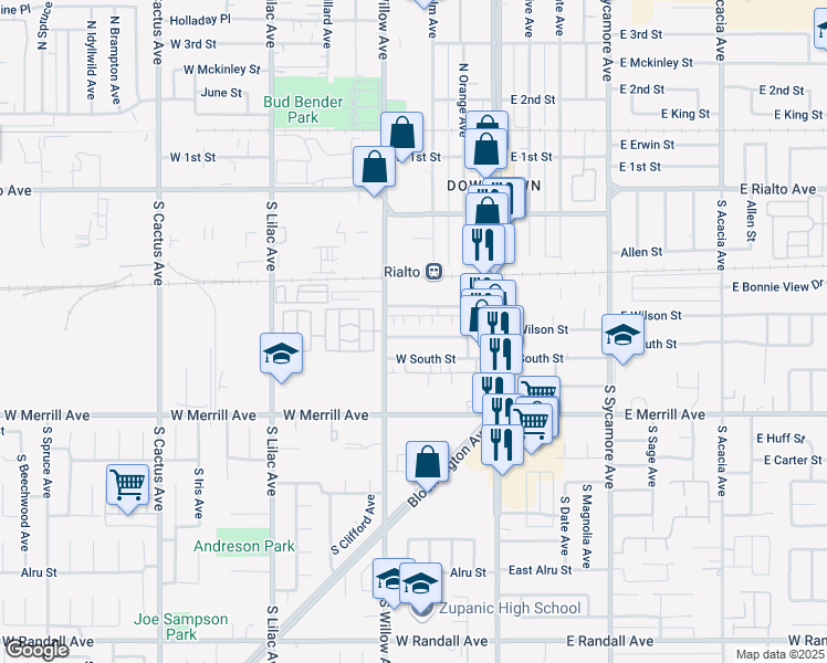 map of restaurants, bars, coffee shops, grocery stores, and more near 250 West Wilson Street in Rialto