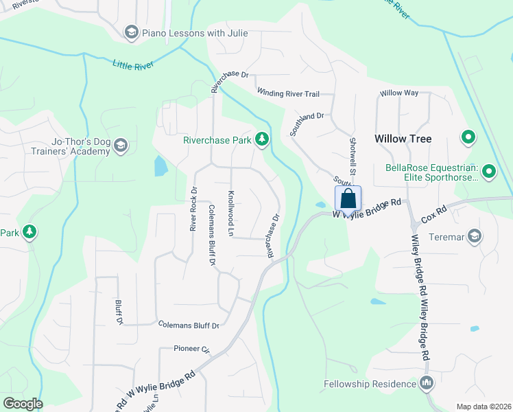 map of restaurants, bars, coffee shops, grocery stores, and more near 413 River Point Drive in Woodstock