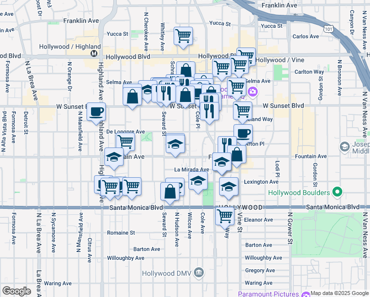 map of restaurants, bars, coffee shops, grocery stores, and more near 6526 Homewood Avenue in Los Angeles