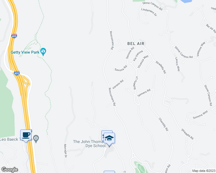 map of restaurants, bars, coffee shops, grocery stores, and more near 1413 Roscomare Road in Los Angeles