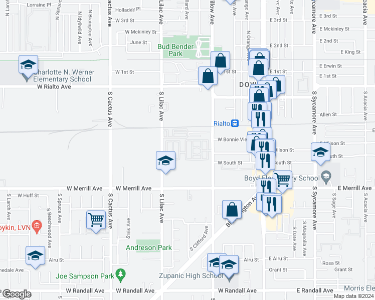 map of restaurants, bars, coffee shops, grocery stores, and more near in Rialto