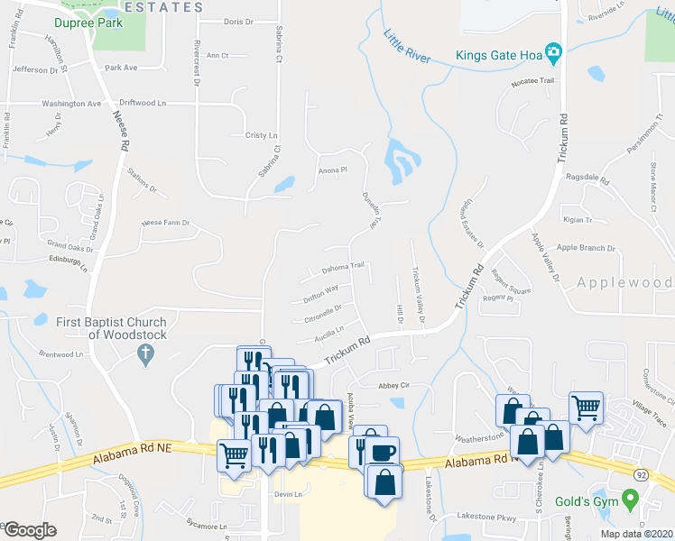 map of restaurants, bars, coffee shops, grocery stores, and more near 626 Dahoma Trail in Woodstock