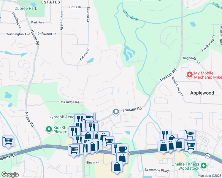map of restaurants, bars, coffee shops, grocery stores, and more near 632 Dahoma Trail in Woodstock