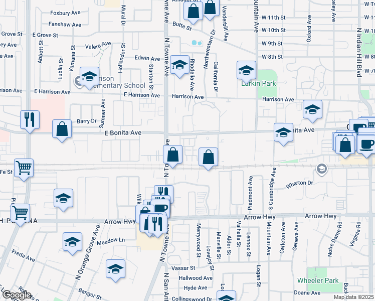 map of restaurants, bars, coffee shops, grocery stores, and more near 822 Pommelo Way in Pomona