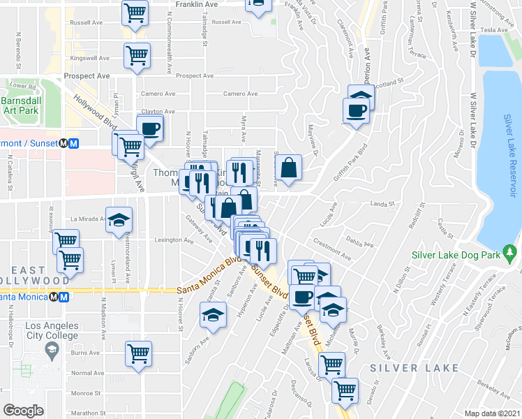 map of restaurants, bars, coffee shops, grocery stores, and more near 1218 Manzanita Street in Los Angeles