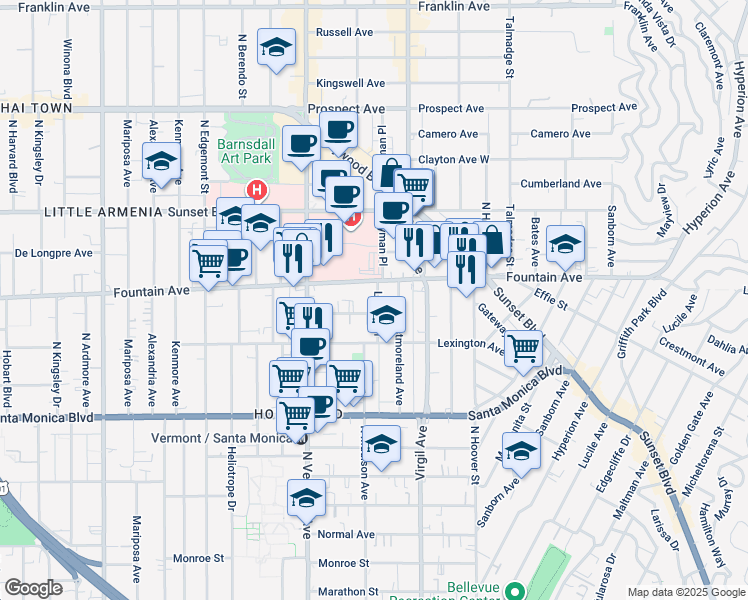 map of restaurants, bars, coffee shops, grocery stores, and more near 1265 Lyman Place in Los Angeles