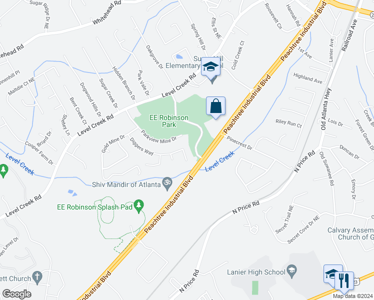 map of restaurants, bars, coffee shops, grocery stores, and more near 4745 Diggers Way in Sugar Hill