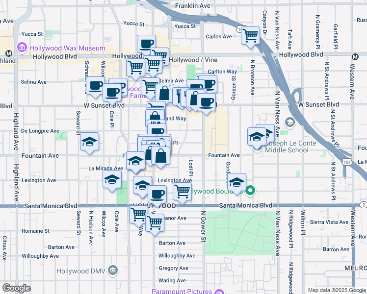 map of restaurants, bars, coffee shops, grocery stores, and more near 6148 Afton Place in Los Angeles