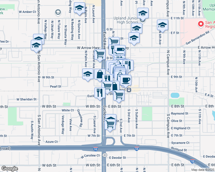 map of restaurants, bars, coffee shops, grocery stores, and more near 100 North Euclid Avenue in Upland