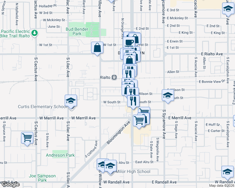 map of restaurants, bars, coffee shops, grocery stores, and more near 190 West Wilson Street in Rialto