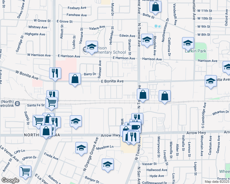 map of restaurants, bars, coffee shops, grocery stores, and more near 2734 Lavender Street in Pomona