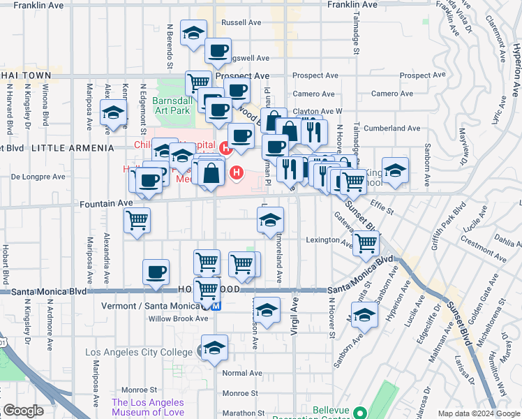 map of restaurants, bars, coffee shops, grocery stores, and more near 1265 Lyman Place in Los Angeles