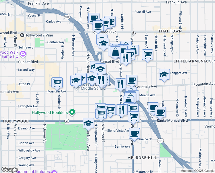 map of restaurants, bars, coffee shops, grocery stores, and more near 5657 Fountain Avenue in Los Angeles