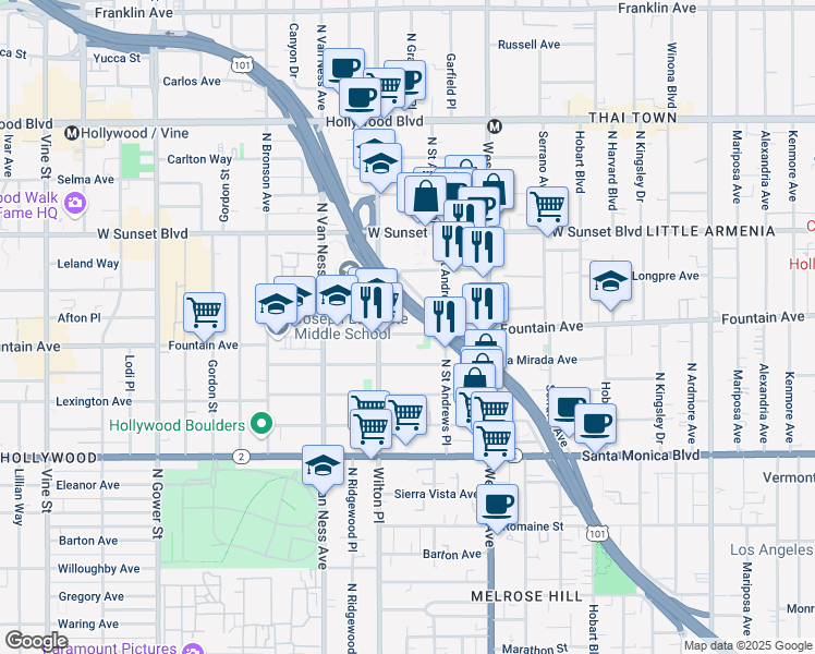 map of restaurants, bars, coffee shops, grocery stores, and more near 5643 Fountain Avenue in Los Angeles