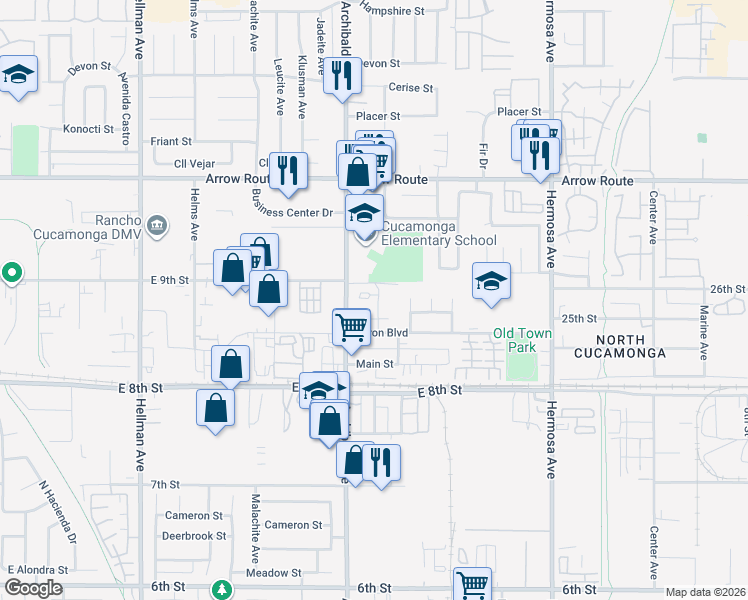 map of restaurants, bars, coffee shops, grocery stores, and more near 8722 Pine Crest Place in Rancho Cucamonga