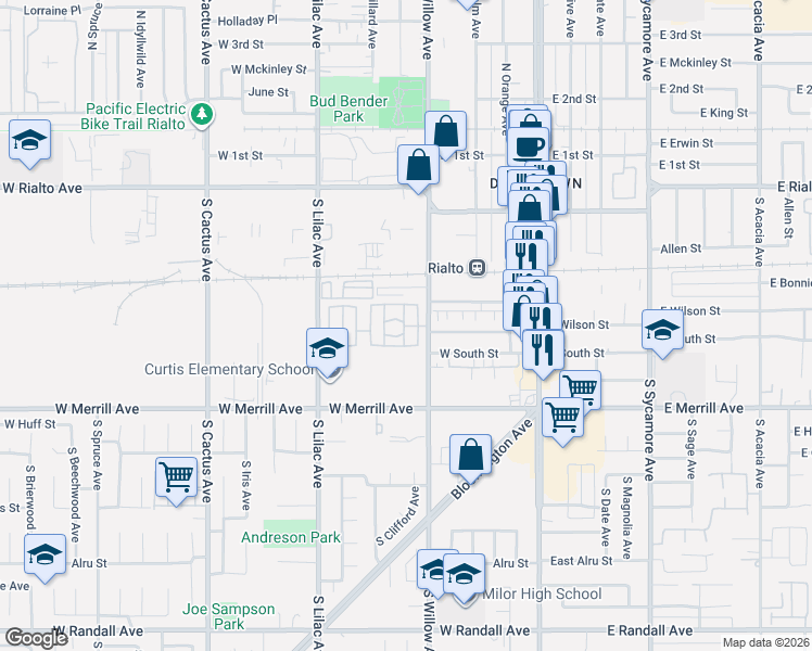 map of restaurants, bars, coffee shops, grocery stores, and more near 350 South Willow Avenue in Rialto
