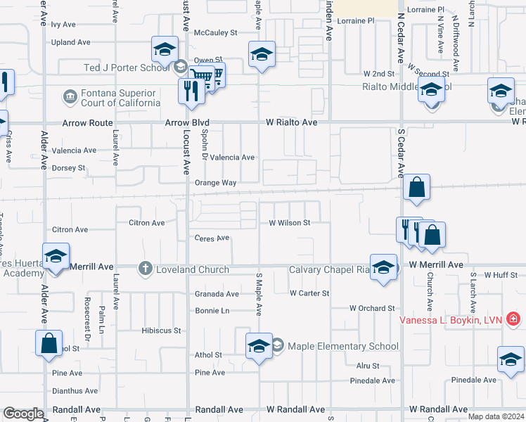map of restaurants, bars, coffee shops, grocery stores, and more near 347 South Maple Avenue in Rialto