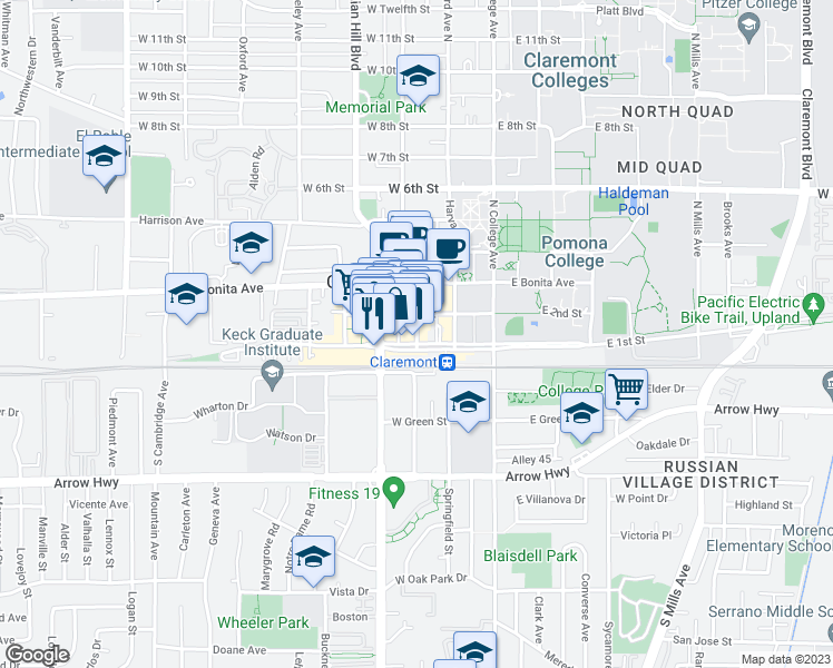map of restaurants, bars, coffee shops, grocery stores, and more near 147 North Yale Avenue in Claremont