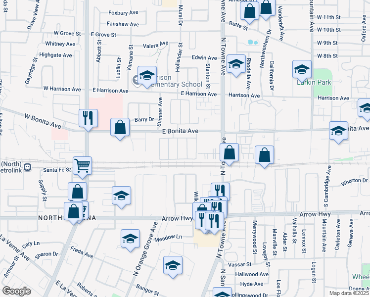 map of restaurants, bars, coffee shops, grocery stores, and more near 2734 Lavender Street in Pomona