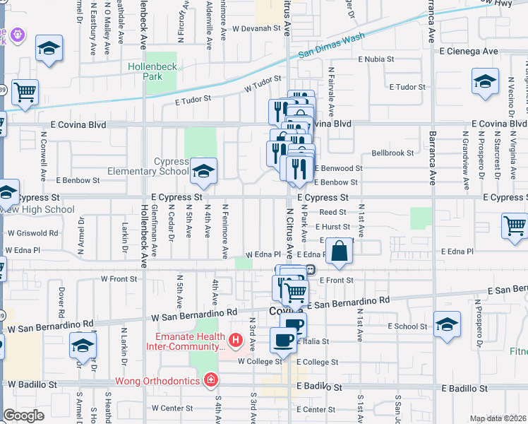 map of restaurants, bars, coffee shops, grocery stores, and more near 844 North Viceroy Avenue in Covina