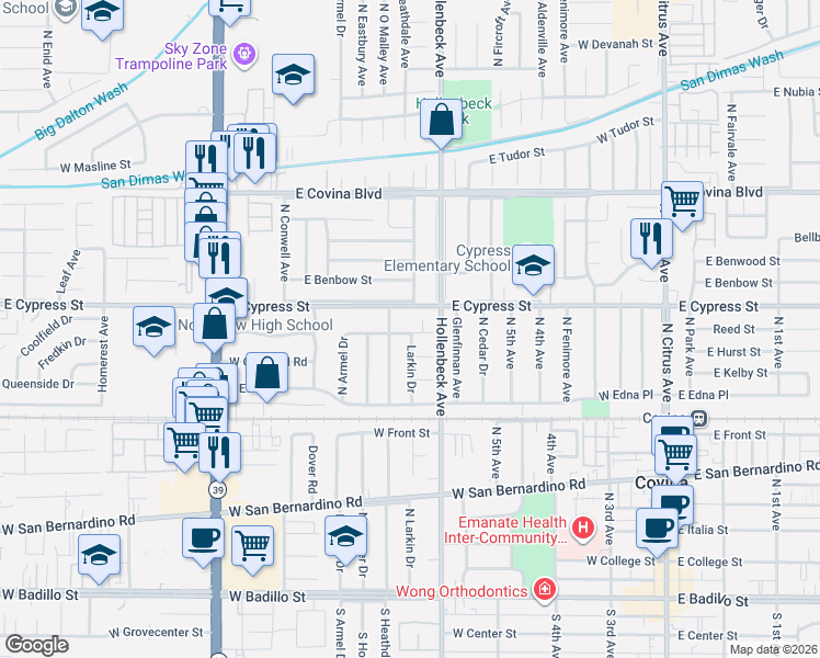 map of restaurants, bars, coffee shops, grocery stores, and more near 17905 East Clovermead Street in Covina