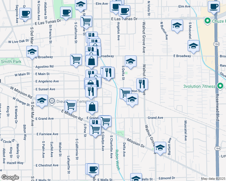 map of restaurants, bars, coffee shops, grocery stores, and more near 865 Santa Fe Avenue in San Gabriel