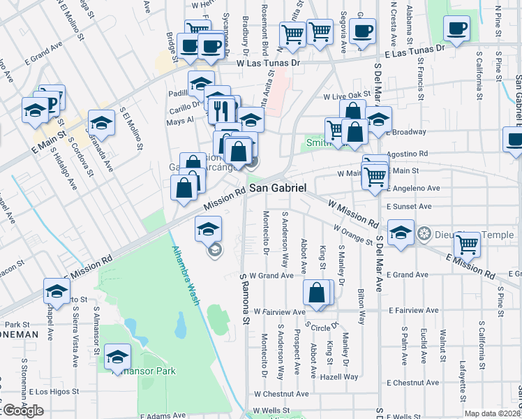 map of restaurants, bars, coffee shops, grocery stores, and more near 539 Montecito Drive in San Gabriel