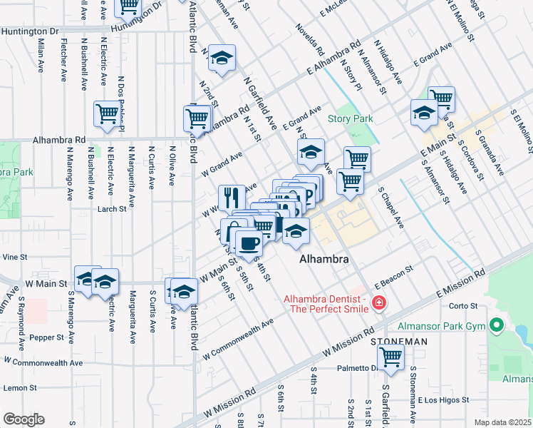 map of restaurants, bars, coffee shops, grocery stores, and more near 106 North 3rd Street in Alhambra