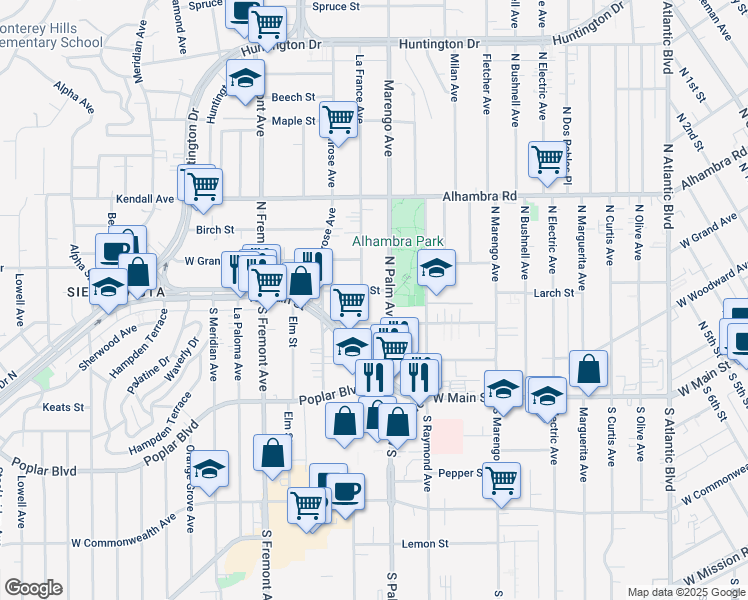 map of restaurants, bars, coffee shops, grocery stores, and more near 2216 Larch Street in Alhambra