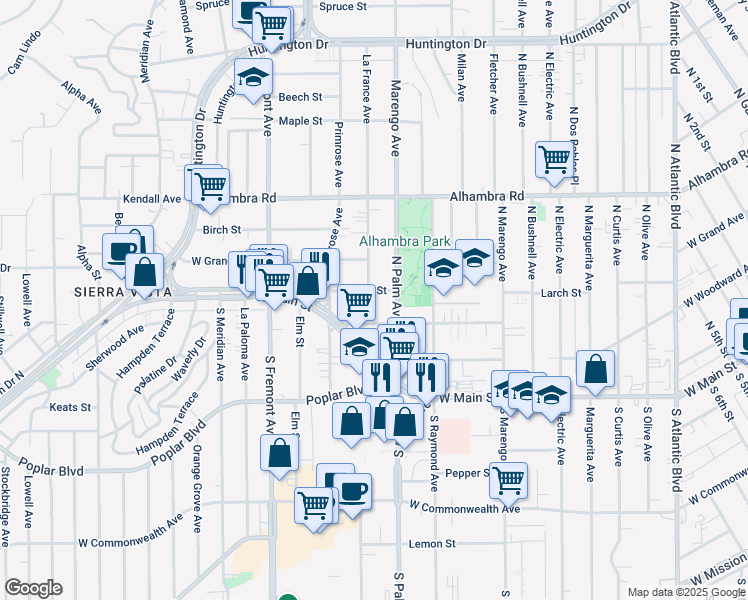 map of restaurants, bars, coffee shops, grocery stores, and more near 2216 Larch Street in Alhambra